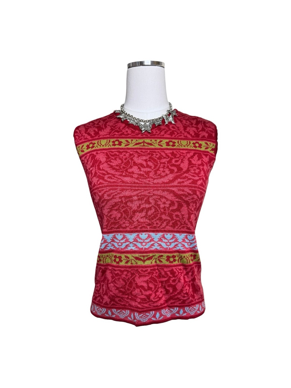 Oleana Red Patterned Silk + Wool Blend Sweater Vest Tank Size Medium